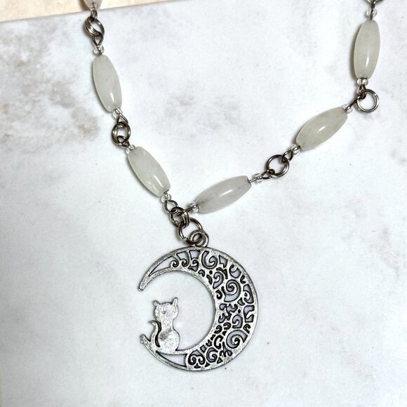 Genuine Milky Quartz Short Necklace, Natural Gemstone w/ Cat on the Moon Pendant - Picture 5 of 15